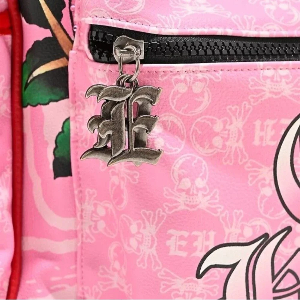 Ed Hardy Pink Faux Leather Leopard Tattoo Print Rhinestone Studded Backpack NEW!